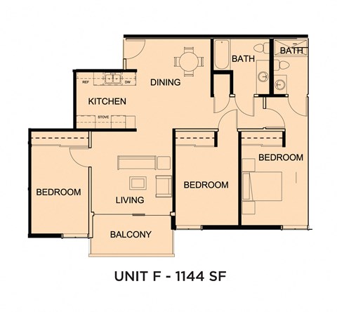 Floor plan for 3 beds, 2 baths, 1144 sqft